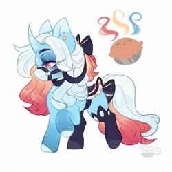 Size: 1920x1920 | Tagged: safe, artist:honkingmother, derpibooru import, oc, unofficial characters only, pony, unicorn, bow, bridle, curved horn, ear piercing, earring, food, hair bow, horn, image, jewelry, jpeg, lidded eyes, pie, piercing, saddle, smiling, solo, tack, tail bow