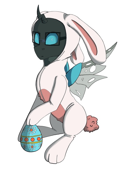 Size: 2480x3508 | Tagged: safe, artist:ardilya, derpibooru import, oc, oc:tarsi, changeling, animal costume, bunny costume, clothes, commission, costume, digital art, image, jpeg, simple background, solo, ych result, your character here