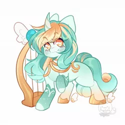Size: 1920x1920 | Tagged: safe, artist:honkingmother, derpibooru import, oc, unofficial characters only, pony, unicorn, artificial wings, augmented, blushing, clothes, curved horn, harp, heart eyes, horn, image, jpeg, looking at you, magic, magic wings, musical instrument, smiling, socks, solo, wingding eyes, winged hooves, wings