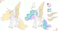 Size: 4400x2360 | Tagged: safe, artist:anelaponela, derpibooru import, princess celestia, alicorn, pony, cheek fluff, ear fluff, female, freckles, headcanon, horn, image, leonine tail, looking at you, png, redesign, reference sheet, simple background, smiling, smiling at you, solo, travelersverse, wings