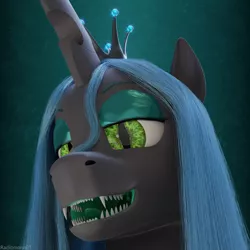 Size: 3840x3840 | Tagged: safe, alternate version, artist:radiomann01, derpibooru import, queen chrysalis, changeling, changeling queen, 3d, blender, blender cycles, fangs, female, high res, image, looking at you, mawshot, open mouth, png, render, sharp teeth, simple background, smiling, smug, solo, teeth, uvula