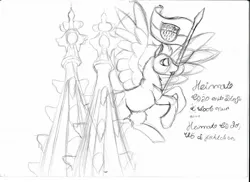 Size: 1752x1275 | Tagged: safe, artist:silbernepegasus, derpibooru import, oc, pegasus, pony, art, cathedral, cathedral towers, drawing, flag, home, home is, image, jpeg, mlpoc, northice, traditional art