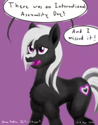Size: 1100x1400 | Tagged: safe, artist:rockhoppr3, derpibooru import, oc, oc:ace hearts, earth pony, pony, asexual, asexuality, chest fluff, image, png, sad, solo, speech bubble