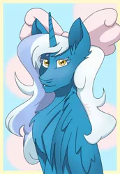 Size: 720x1048 | Tagged: safe, artist:doodlecrazy99, derpibooru import, oc, oc:fleurbelle, alicorn, pony, alicorn oc, bow, chest fluff, ear fluff, female, hair bow, horn, image, jpeg, mare, wings, yellow eyes