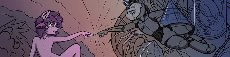 Size: 3200x800 | Tagged: suggestive, artist:husdur, derpibooru import, oc, oc:husdur101, oc:moonzy, anthro, pony, robot, robot pony, anthro oc, image, jpeg, the creation of adam