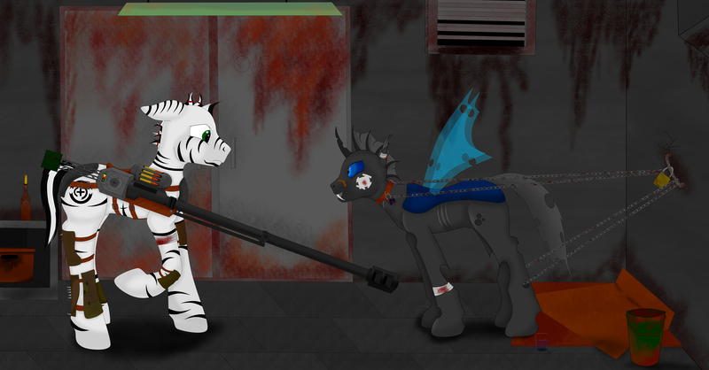 Size: 8000x4176 | Tagged: safe, artist:dalilu-lukas, derpibooru import, oc, changeling, zebra, 404, anti-tank rifle, armor, bandage, basement, bucket, bullet, chains, glass, horn, image, jpeg, solo, weapon, wings