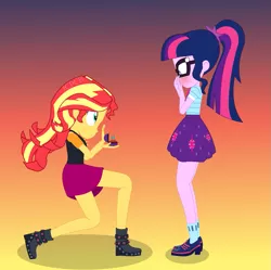 Size: 1081x1078 | Tagged: safe, artist:jcpreactyt, derpibooru import, sci-twi, sunset shimmer, twilight sparkle, equestria girls, equestria girls series, blushing, clothes, diamond ring, female, hair, hairpin, hands on mouth, image, lesbian, lovers, marriage proposal, png, ponytail, school uniform, scitwishimmer, shipping, shirt, skirt, smiling, sunsetsparkle