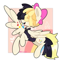 Size: 2619x2619 | Tagged: safe, artist:blurry-kun, derpibooru import, songbird serenade, pegasus, pony, my little pony: the movie, bow, clothes, commission, commissioner:reversalmushroom, cute, female, flying, hair bow, hair over eyes, happy, heart, image, mare, music notes, open mouth, png, rainbow, singing, songbetes