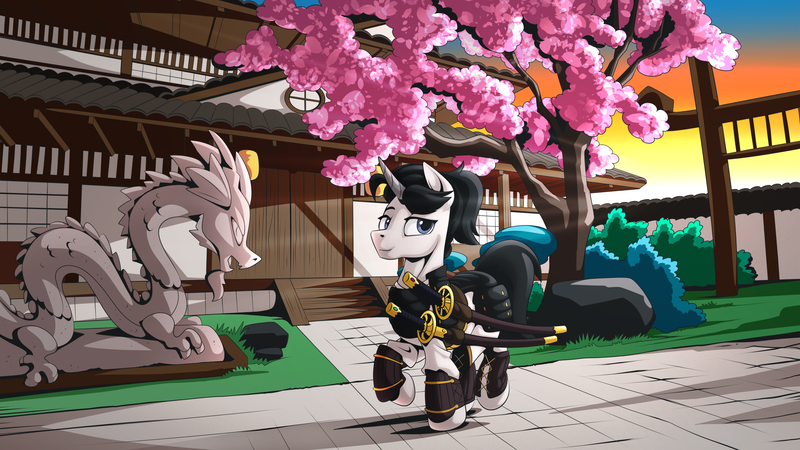 Size: 2560x1440 | Tagged: safe, artist:mysticalpha, derpibooru import, oc, oc:shiro reisu, dragon, armor, castle, cherry blossoms, flower, flower blossom, image, japanese, katana, moon runes, png, sword, weapon