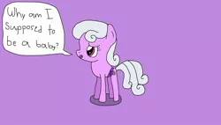 Size: 2289x1297 | Tagged: safe, artist:yorkyloves, derpibooru import, lilac links, earth pony, pony, adult foal, background pony, diaper, female, image, jpeg, link pink, mare, open mouth, purple background, sad, shadow, simple background, solo, speech bubble