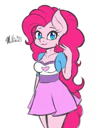 Size: 800x1050 | Tagged: safe, artist:melliedraws, derpibooru import, pinkie pie, anthro, earth pony, breasts, cleavage, equestria girls outfit, image, looking at you, peace sign, png, simple background, solo, white background