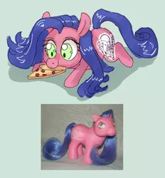 Size: 872x941 | Tagged: safe, artist:tilling-tan, derpibooru import, pony, chuck e cheese, chuck e cheese pony, female, filly, food, g1, image, mouth hold, pizza, png, toy, toy interpretation
