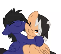 Size: 724x644 | Tagged: safe, artist:froyo15sugarblast, derpibooru import, oc, oc:blu, oc:hearty felt, pegasus, pony, base used, eye clipping through hair, eyes closed, female, friendship, hug, image, male, mare, not shipping, png, scar, simple background, stallion, white background