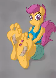 Size: 1500x2076 | Tagged: safe, artist:jinkslizard, derpibooru import, scootaloo, anthro, pegasus, plantigrade anthro, bandaid, barefoot, breasts, busty scootaloo, feet, fetish, foot fetish, image, jpeg, soles, solo, toes