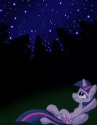 Size: 1920x2485 | Tagged: safe, artist:sirtreasurehunter, derpibooru import, twilight sparkle, twilight sparkle (alicorn), alicorn, pony, female, forest, high res, image, jpeg, mare, night, reclining, smiling, solo, stars, tree