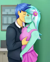 Size: 1600x2000 | Tagged: source needed, suggestive, artist:focusb, derpibooru import, flash sentry, lyra heartstrings, equestria girls, equestria girls series, against wall, big breasts, blushing, breast grab, breasts, busty lyra heartstrings, clothes, crotch grab, eyes closed, female, flash sentry gets all the waifus, grope, holding, image, imminent sex, intimate, jpeg, kiss on the cheek, kissing, lyraflash, male, passionate, shipping, straight, suit, touch