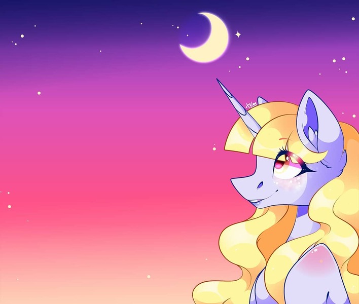 Size: 1080x915 | Tagged: safe, alternate version, artist:tessa_key_, derpibooru import, oc, unofficial characters only, pony, unicorn, bedroom eyes, bust, crescent moon, ear fluff, female, horn, image, jpeg, mare, moon, night, solo, stars, transparent moon, unicorn oc