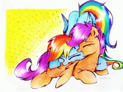 Size: 3709x2782 | Tagged: safe, artist:liaaqila, derpibooru import, rainbow dash, scootaloo, pegasus, pony, crying, cute, cutealoo, dashabetes, female, high res, image, jpeg, laughing, raspberry, scootalove, siblings, sisters, tears of laughter, tongue out