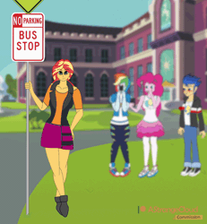 Size: 1000x1080 | Tagged: suggestive, artist:a-strange-cloud, derpibooru import, flash sentry, pinkie pie, rainbow dash, sunset shimmer, equestria girls, accidental exposure, animated, ass, black panties, bunset shimmer, bus stop, butt, canterlot high, clothes, commission, commissioner:branagain, converse, excited, exhibitionism, gif, gymnastics, heart, image, implied flashimmer, implied shipping, implied straight, legs in air, mobile phone, outdoors, panties, phone, pole dancing, school, shoes, sign, skirt, skirt flip, smartphone, stripper pole, stupid sexy sunset shimmer, thong, underwear, upskirt, wardrobe malfunction