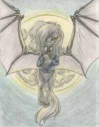 Size: 1749x2236 | Tagged: safe, artist:cindertale, derpibooru import, oc, unofficial characters only, bat pony, pony, bat pony oc, bat wings, bedroom eyes, clothes, full moon, hair over one eye, image, jpeg, moon, necktie, night, solo, spread wings, suit, traditional art, unshorn fetlocks, wings