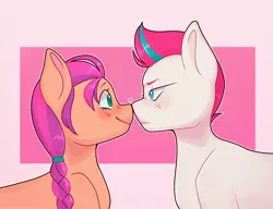 Size: 1406x1077 | Tagged: safe, artist:thedefinitionofsad, derpibooru import, sunny starscout, zipp storm, earth pony, pony, abstract background, blushing, boop, braid, duo, female, g5, heart, image, jpeg, lesbian, looking at each other, mare, noseboop, shipping, smiling, sunnyzipp, unamused