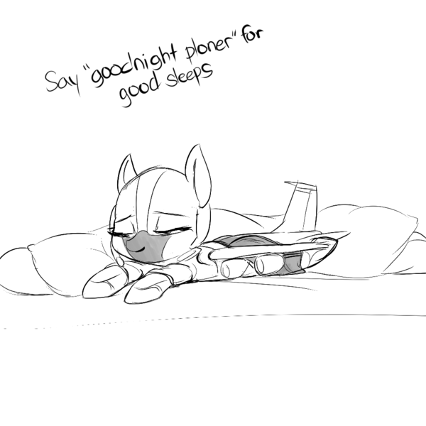 Size: 1000x1000 | Tagged: safe, artist:andromailus, oc, unofficial characters only, original species, plane pony, pony, bed, black and white, comment bait, female, grayscale, image, kc-135, monochrome, pillow, plane, png, prone, sleeping, solo, sploot, text