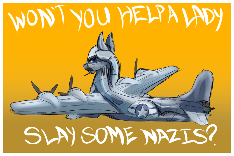 Size: 1500x1000 | Tagged: safe, artist:andromailus, oc, unofficial characters only, original species, plane pony, pony, b-17 flying fortress, female, image, looking at you, looking back, looking back at you, pinup, plane, png, poster, solo, text, world war ii