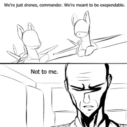 Size: 1000x1000 | Tagged: safe, artist:andromailus, oc, oc:anon, unofficial characters only, human, original species, plane pony, pony, predator drone, 2 panel comic, black and white, clone wars, comic, dialogue, grayscale, image, monochrome, plane, plo koon, png