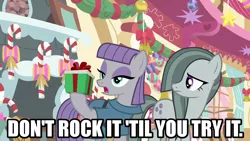 Size: 1280x720 | Tagged: safe, derpibooru import, edit, edited screencap, editor:jaredking203, screencap, marble pie, maud pie, earth pony, pony, best gift ever, caption, female, image, image macro, mare, meme, pie sisters, png, present, pun, siblings, sisters, text