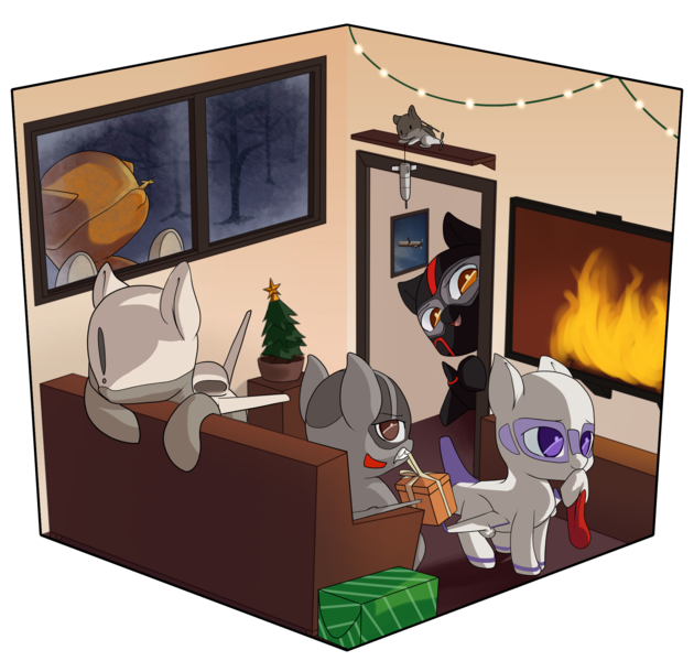 Size: 2100x2000 | Tagged: safe, artist:andromailus, oc, oc:air liner, oc:blitz, oc:cloudwalker, oc:pluto, unofficial characters only, original species, plane pony, pony, predator drone, a-10 thunderbolt ii, boeing 737, christmas, christmas presents, christmas stocking, christmas tree, cruise missile, holiday, image, looking at you, looking back, looking back at you, mouth hold, open mouth, plane, png, simple background, snow, sr-71 blackbird, transparent background, tree