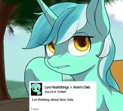 Size: 1100x1000 | Tagged: safe, artist:andromailus, lyra heartstrings, pony, unicorn, bench, facebook, female, food, head on hoof, horn, image, mare, oats, png, solo, text, tree