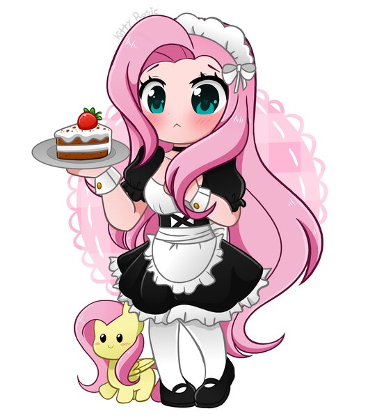 Size: 3612x4096 | Tagged: safe, artist:kittyrosie, derpibooru import, fluttershy, human, blushing, cake, clothes, cute, food, humanized, image, jpeg, maid, self ponidox, shyabetes