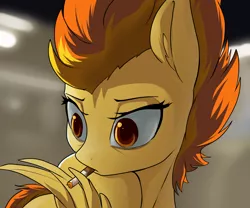 Size: 1200x1000 | Tagged: safe, artist:andromailus, spitfire, pegasus, pony, cigarette, ear fluff, female, image, mare, png, smoking, solo, wing hands, wings