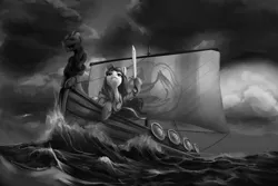 Size: 1500x1000 | Tagged: safe, artist:andromailus, oc, oc:nordpone, unofficial characters only, earth pony, pony, boat, female, image, mare, monochrome, ocean, png, solo, sword, viking ship, weapon