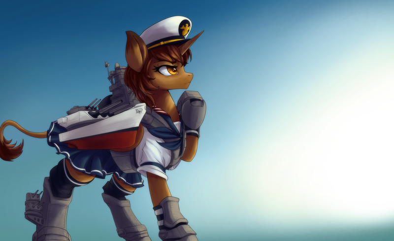 Size: 3600x2200 | Tagged: safe, artist:andromailus, oc, unofficial characters only, boatpony, pony, unicorn, battleship, battleship ponies, boat, cannon, clothes, female, giant pony, giant unicorn, image, macro, mare, png, raised hoof, sailor uniform, shipmare, solo, uniform, uss iowa