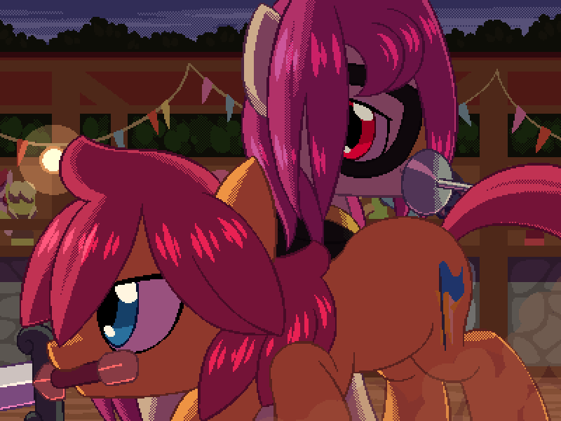 Size: 800x600 | Tagged: safe, artist:rangelost, derpibooru import, oc, oc:trailblazer, unofficial characters only, earth pony, pony, cyoa:d20 pony, duo, female, image, mare, mouth hold, outdoors, png, sword, weapon