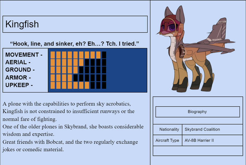 Size: 1248x838 | Tagged: safe, artist:andromailus, oc, oc:kingfish, unofficial characters only, original species, plane pony, pony, av-8b harrier ii, female, image, looking at you, plane, png, purple eyes, solo, text