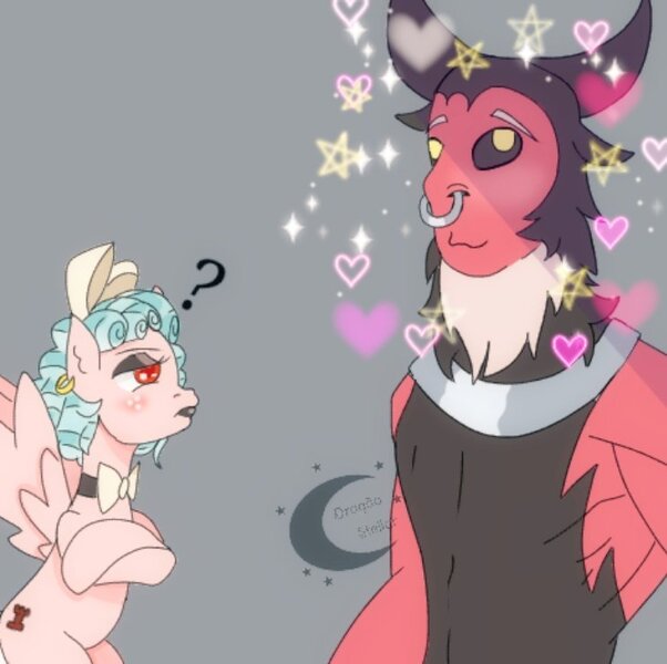 Size: 742x740 | Tagged: safe, artist:lululaozi, derpibooru import, cozy glow, lord tirek, cozirek, female, gray background, image, jpeg, lipstick, looking at each other, male, needs more jpeg, nose piercing, nose ring, older, older cozy glow, piercing, shipping, simple background, straight