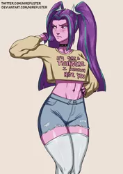 Size: 2480x3508 | Tagged: safe, artist:nire, derpibooru import, aria blaze, equestria girls, belly button, blushing, choker, clothes, denim shorts, eyelashes, eyeshadow, frown, hand on hip, image, makeup, pants, pigtails, png, ripped pants, short shirt, shorts, socks, thigh highs, torn clothes, tsundere, twintails