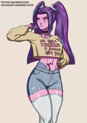 Size: 2480x3508 | Tagged: safe, artist:nire, derpibooru import, aria blaze, equestria girls, belly button, blushing, choker, clothes, denim shorts, eyelashes, eyeshadow, frown, hand on hip, image, makeup, pants, pigtails, png, ripped pants, short shirt, shorts, socks, tattoo, thigh highs, torn clothes, tsundere, twintails