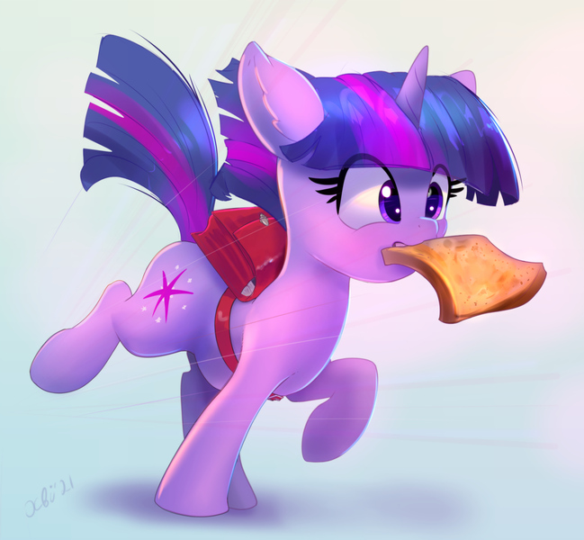 Size: 4413x4078 | Tagged: safe, artist:xbi, derpibooru import, twilight sparkle, pony, unicorn, abstract background, bag, bread, female, filly, filly twilight sparkle, food, image, jpeg, mouth hold, running, schoolgirl toast, solo, toast, unicorn twilight, younger