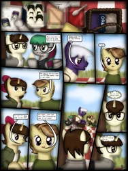 Size: 1750x2333 | Tagged: safe, artist:99999999000, derpibooru import, oc, oc:cwe, oc:firearm king, oc:li anna, oc:mar baolin, oc:zhang cathy, unofficial characters only, earth pony, pegasus, pony, unicorn, comic:visit, basket, clothes, comic, cookie, female, food, image, jelly, male, phone, picnic, picnic basket, picnic blanket, png, sandwich, tree