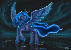 Size: 1920x1358 | Tagged: safe, artist:artifex670, derpibooru import, princess luna, alicorn, pony, blue mane, cloud, colored pupils, crown, ethereal mane, female, flowing mane, flowing tail, hoof shoes, horn, image, jewelry, jpeg, night, reflection, regalia, signature, sky, solo, spread wings, starry mane, stars, water, wings
