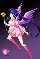 Size: 3206x4756 | Tagged: safe, artist:danmakuman, derpibooru import, twilight sparkle, human, breasts, clothes, cute, gradient background, humanized, image, png, scepter, twiabetes, twilight scepter, winged humanization, wings