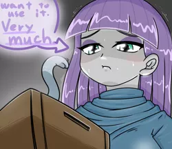 Size: 740x640 | Tagged: safe, alternate version, artist:batipin, derpibooru import, maud pie, medusa, medusa head, snake, equestria girls, :t, blushing, box, castlevania, image, png, shivering, solo, sweat, sweatdrops, text