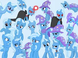 Size: 1136x851 | Tagged: safe, artist:joelleart13, artist:luckreza8, derpibooru import, trixie, alicorn amulet, angry, cape, clothes, collage, cute, diatrixes, happy, hat, image, multeity, png, red eyes, smug, trixie army, trixie's cape, trixie's hat
