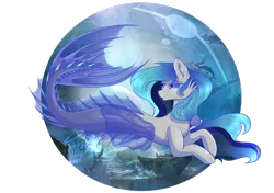 Size: 2920x2053 | Tagged: safe, artist:elektra-gertly, derpibooru import, oc, unofficial characters only, merpony, blue mane, clothes, crepuscular rays, ear fluff, fin wings, fish tail, flowing mane, flowing tail, image, png, seashell, see-through, simple background, solo, sunlight, swimming, tail, transparent background, underwater, water, wings