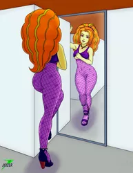 Size: 1159x1500 | Tagged: suggestive, artist:joizer, derpibooru import, adagio dazzle, equestria girls, rainbow rocks, adagio dat-azzle, ass, breasts, busty adagio dazzle, butt, changing room, clothes, commission, commissioner:branagain, curvy, dressing room, female, fishnet pantyhose, fishnets, from behind, gem, high heels, image, indoors, jewelry, jpeg, large voluminous hair, leggings, mirror, necklace, open mouth, pantyhose, pendant, reflection, sexy, shoes, siren gem, solo, solo female, spiked anklets, spiked headband, stupid sexy adagio dazzle, tanktop, underboob, wide hips