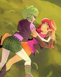 Size: 1600x1987 | Tagged: safe, artist:amazingpuffhair, derpibooru import, cherry crash, sunset shimmer, equestria girls, boots, butt, catfight, clothes, cut, ear piercing, earring, fight, image, jewelry, jpeg, midriff, piercing, shoes, skirt