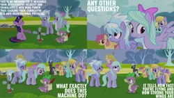 Size: 2000x1125 | Tagged: safe, derpibooru import, edit, edited screencap, editor:quoterific, screencap, cloud kicker, cloudchaser, dizzy twister, flitter, helia, orange swirl, rainbowshine, rumble, spike, thunderlane, twilight sparkle, dragon, pegasus, pony, unicorn, hurricane fluttershy, anemometer, colt, female, image, male, mare, png, stallion, unicorn twilight